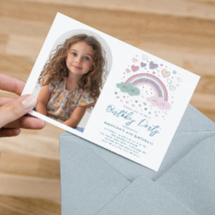 Horizontalrosa I Lila Regenbogen & Herz Geburtstag Einladung