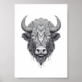 Horned Bison Buffalo Schwarz-Weiß-Portrait Poster