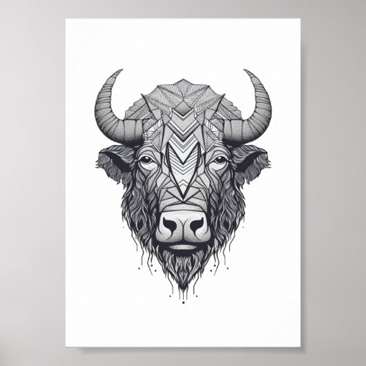 Horned Bison Buffalo Schwarz-Weiß-Portrait Poster (Vorne)