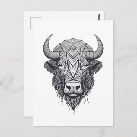 Horned Bison Buffalo Schwarz-Weiß-Portrait Postkarte (Vorne/Hinten)