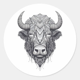 Horned Bison Buffalo Schwarz-Weiß-Portrait Runder Aufkleber