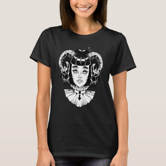 Horned Devil Satanic Halloween Glitch Goth Emo Pun T-Shirt (Vorderseite)