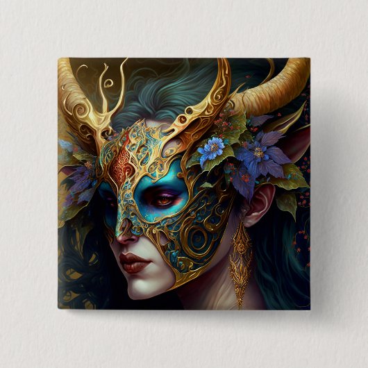 Horned Elf Woman Fantasy Art Button (Vorderseite)