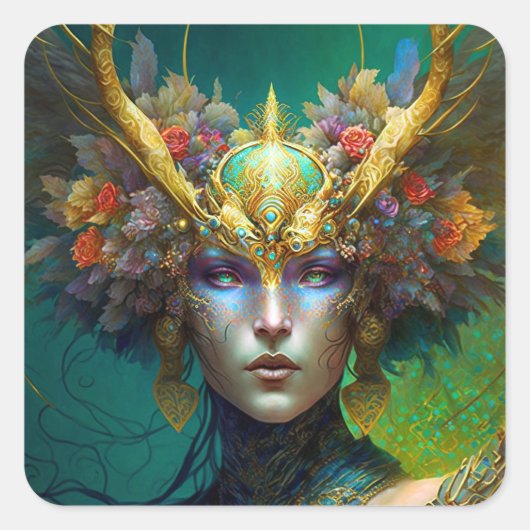 Horned Elf Woman Fantasy Art Square Sticker (Vorderseite)