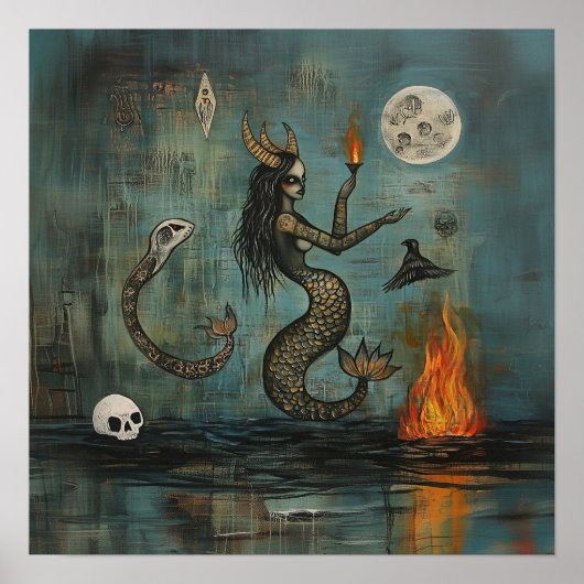 Horned Mermaid Moon Witchy AI Art Matte Value Poster (Vorne)