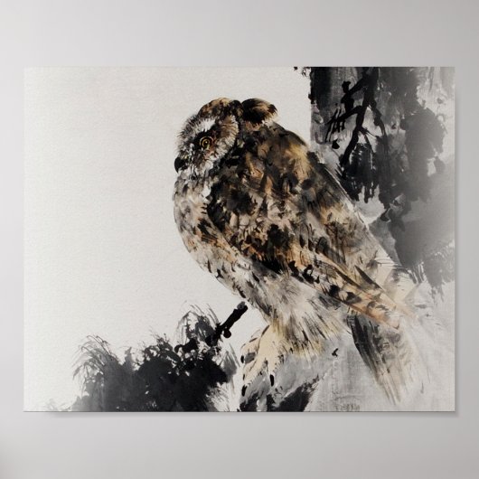 Horned Owl am Zweig, Watanabe Seitei Poster (Vorne)
