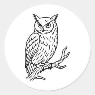 Horned Owl auf Ast Linienkunst Runder Aufkleber