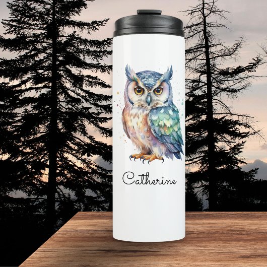 Horned Owl Watercolor Personalized Thermosbecher