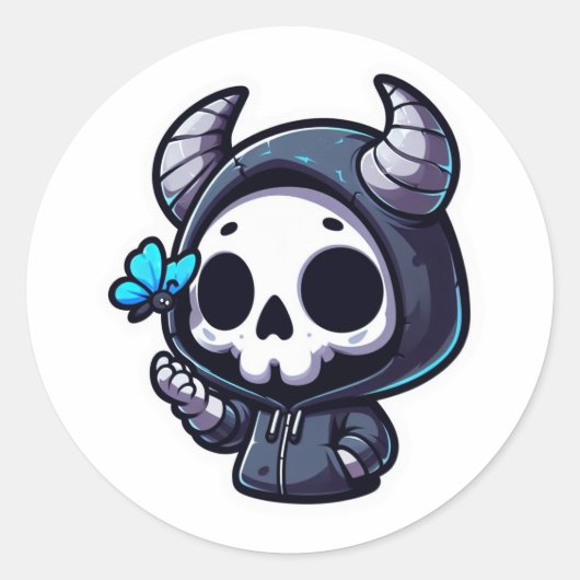 Horned Skull mit Blue Butterfly Runder Aufkleber (Vorderseite)