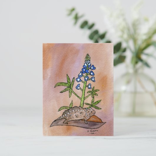 Horny Toad mit Bluebonnet Postkarte (Stehend Vorderseite)
