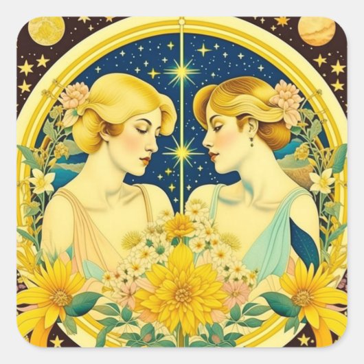 Horoscope Sign Gemini Twins Ethereal Quadratischer Aufkleber (Vorderseite)