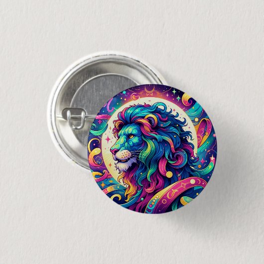 Horoskop-Zeichen Leo | Farbenfrohe Löwenkunst Button (Vorne & Hinten)