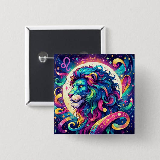 Horoskop-Zeichen Leo | Farbenfrohe Löwenkunst Button (Vorne & Hinten)