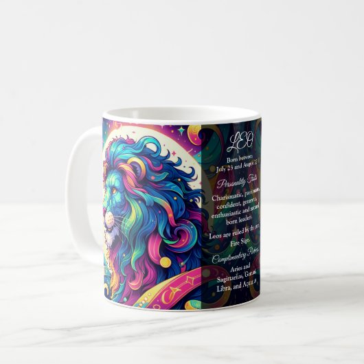 Horoskop-Zeichen Leo info | Farbenfrohe Löwenkunst Kaffeetasse (Vorderseite Links)