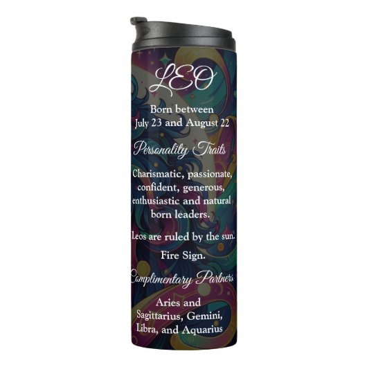 Horoskop-Zeichen Leo info | Farbenfrohe Löwenkunst Thermosbecher (Nach rechts gedreht)