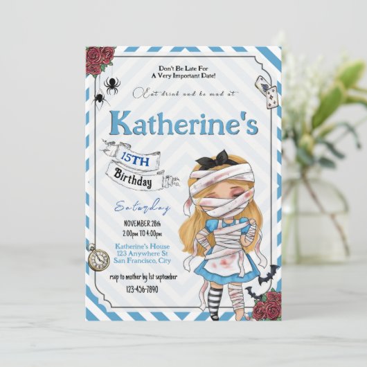 Horror Alice im Wunderland Einladung zum Geburtsta (Stehend Vorderseite)