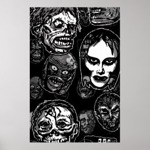 Horror-Film-Monster-Masken (b&w) Poster