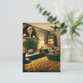Horror Santa Vintag Wohnzimmer Kamin Postkarte (Stehend Vorderseite)