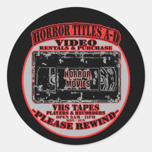 Horrorfilme V.H.S Horror Titel A-D Schwarz Weiß Runder Aufkleber