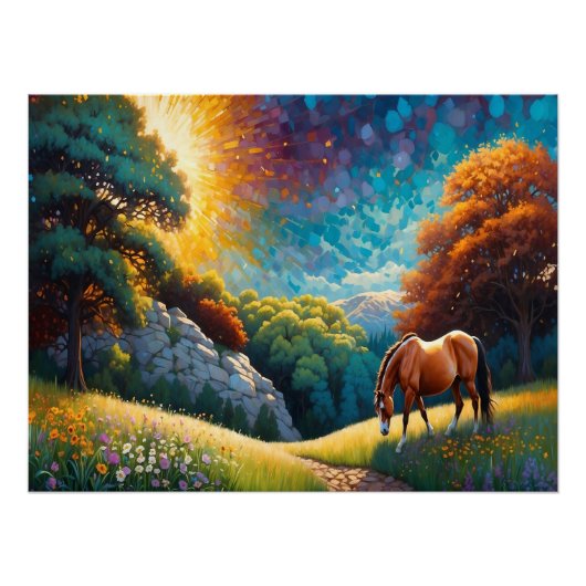 Horse and Flowers in a colorful meadow Poster (Vorderseite)