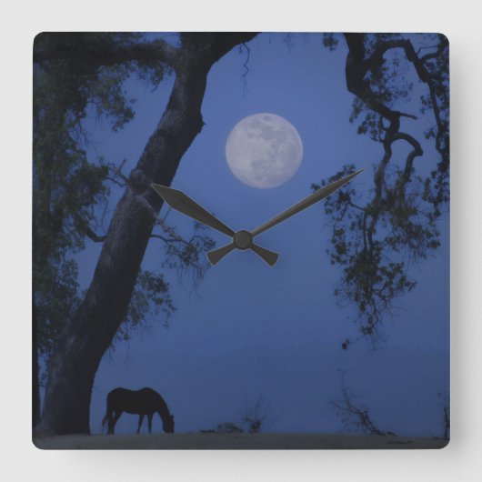 Horse and Oak Tree "Blue Moon" Clock Quadratische Wanduhr (Vorderseite)