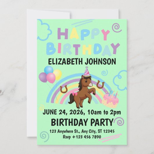 Horse Birthday Invitation in Green Einladung (Vorderseite)