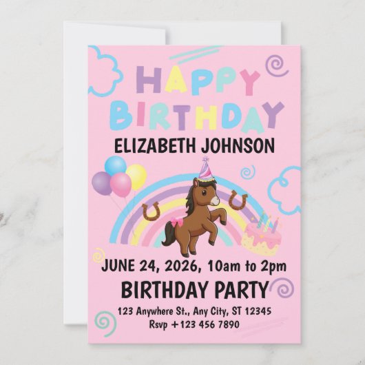 Horse Birthday Invitation in Pink Einladung (Vorderseite)