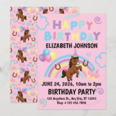 Horse Birthday Invitation in Pink Einladung (Vorne/Hinten)