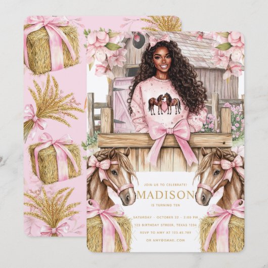 Horse Birthday Invitation with Black Girl Einladung (Vorne/Hinten)
