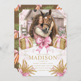 Horse Birthday Invitation with brunette Girl Einladung