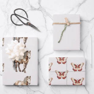 Horse Burgundy Cream Butterflies Geburtstag Geschenkpapier Set