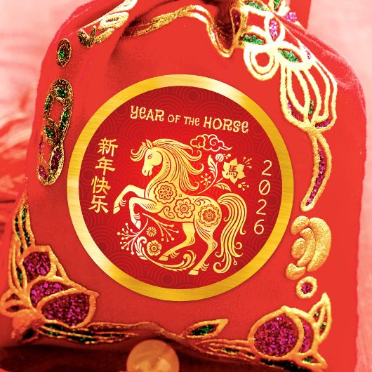 Horse Chinese Lunar New Year Gold Foil Red 2026 Runder Aufkleber