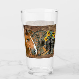 Horse Cowboy Boots Wagon Wheel Sunflowers Western Glas