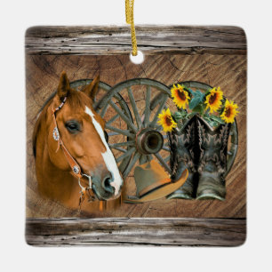 Horse Cowboy Boots Wagon Wheel Sunflowers Western Keramikornament