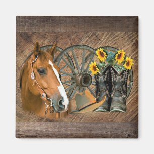 Horse Cowboy Boots Wagon Wheel Sunflowers Western Magnet