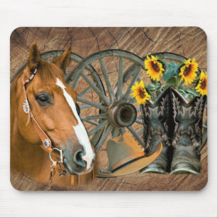 Horse Cowboy Boots Wagon Wheel Sunflowers Western Mousepad