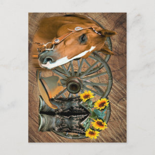 Horse Cowboy Boots Wagon Wheel Sunflowers Western Postkarte