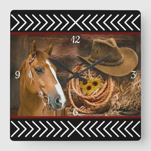 Horse Cowboy Hat Lasso Western Pattern Quadratische Wanduhr (Vorderseite)