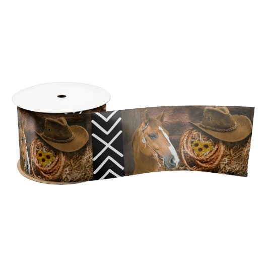 Horse Cowboy Hat Lasso Western Pattern Ribbon Satinband (Spule)