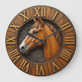 Horse head wooden sculpture rustic carved wood große wanduhr (Vorderseite)