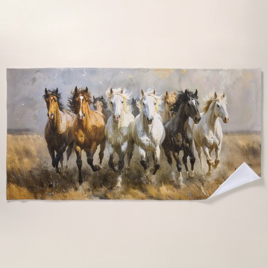 Horse Herd Galloping Mustang Malerei Strandtuch (Vorderseite)
