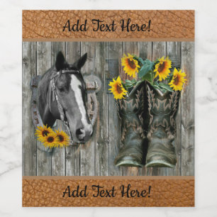 Horse Horseshoe Cowboy Stiefel Sonnenblumen Weinetikett