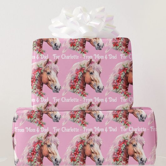 Horse In Christmas Ribbons Add Girl's Name Pink Geschenkpapier