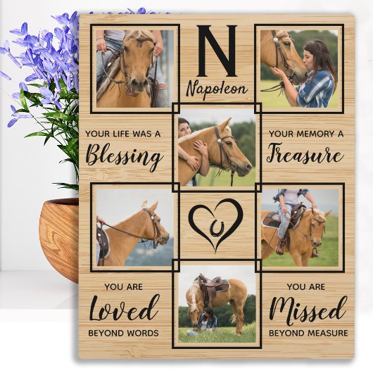Horse Pet Memorial Wood Grain Photo Collage Fotoplatte