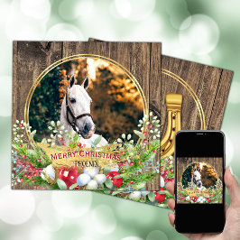 Horse photo wood frame gold Christmas Feiertagskarte