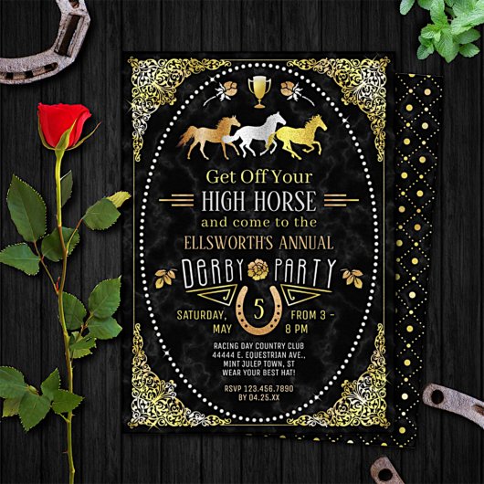Horse Racing Derby Day Party Art Deco Black Gold Einladung