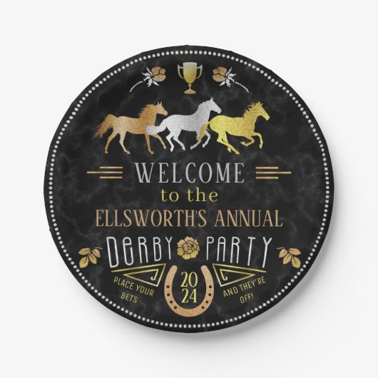 Horse Racing Derby Day Party Art Deco Black Gold Pappteller (Vorderseite)