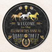 Horse Racing Derby Day Party Art Deco Black Gold Runder Pappuntersetzer (Vorderseite)