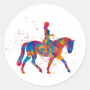 Horse riding in watercolor runder aufkleber