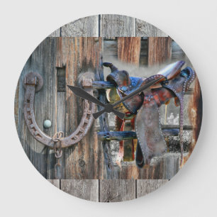 Horse Saddle Horseshoe Rustic Western Große Wanduhr